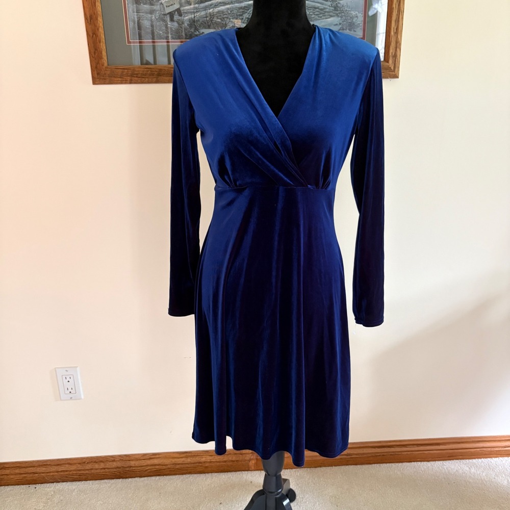 KC Spencer Velvet Dress Womens 6 Royal Blue Long Sleeve Wrap V-Neck Cocktail